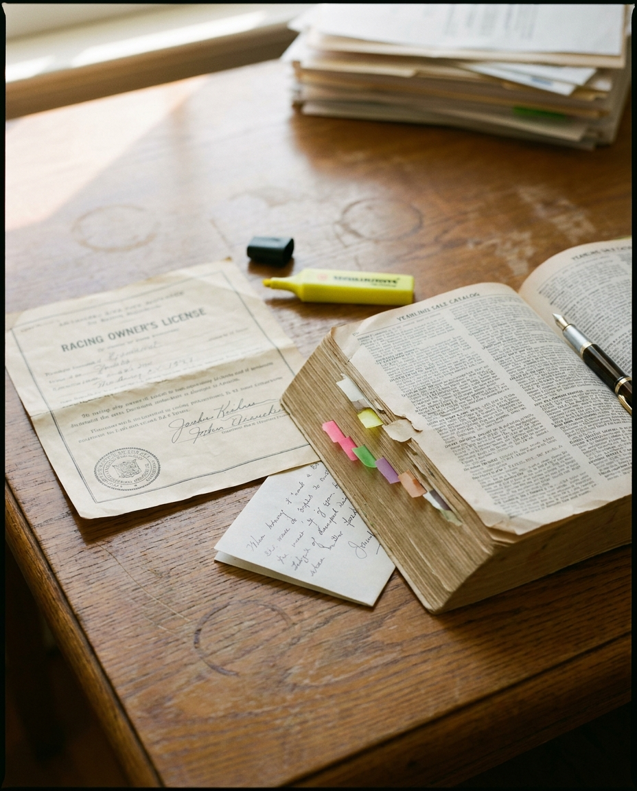 An owner's racing license and a thoroughbred yearling sale catalog on a worn wooden desk