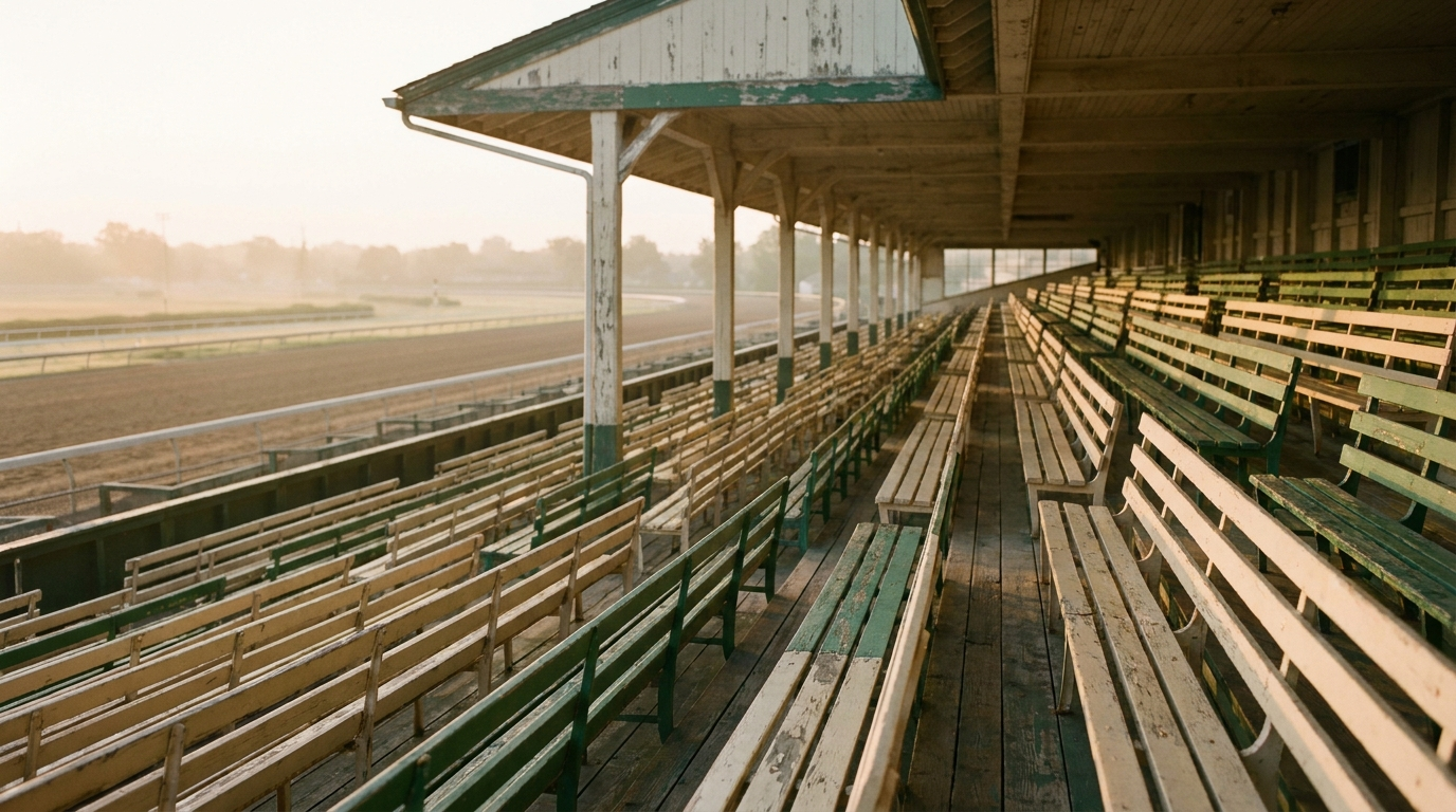 An empty wooden grandstand at first light, with a soft-focus view of the track in the distance