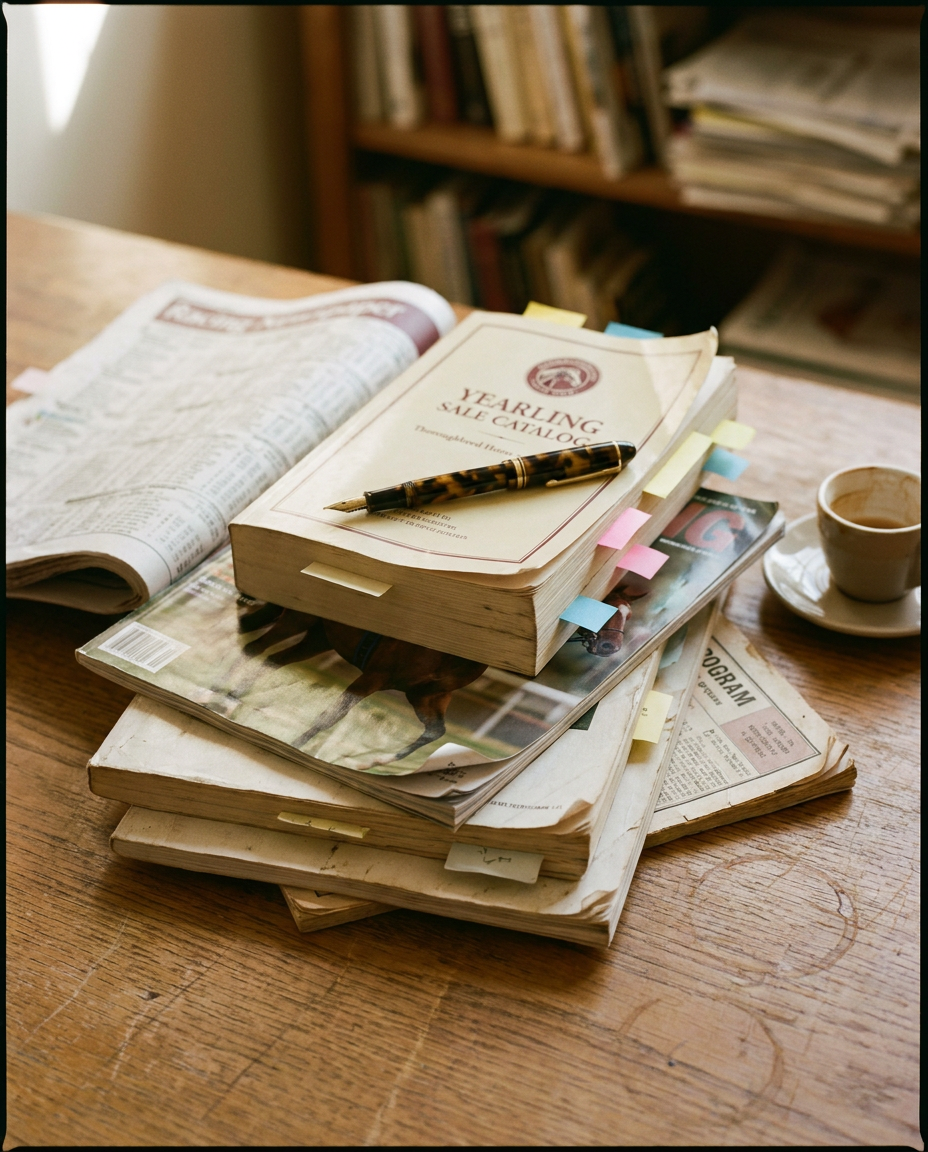 A stack of racing industry publications — yearling sale catalog, racing daily, magazine, and program — with sticky-note tabs, a fountain pen, and an espresso on a wooden desk