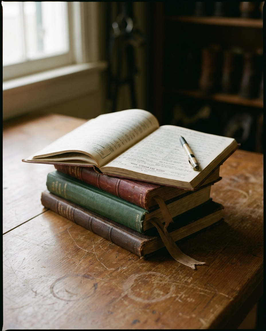 A stack of well-used racing reference books and an open program on a worn wooden table