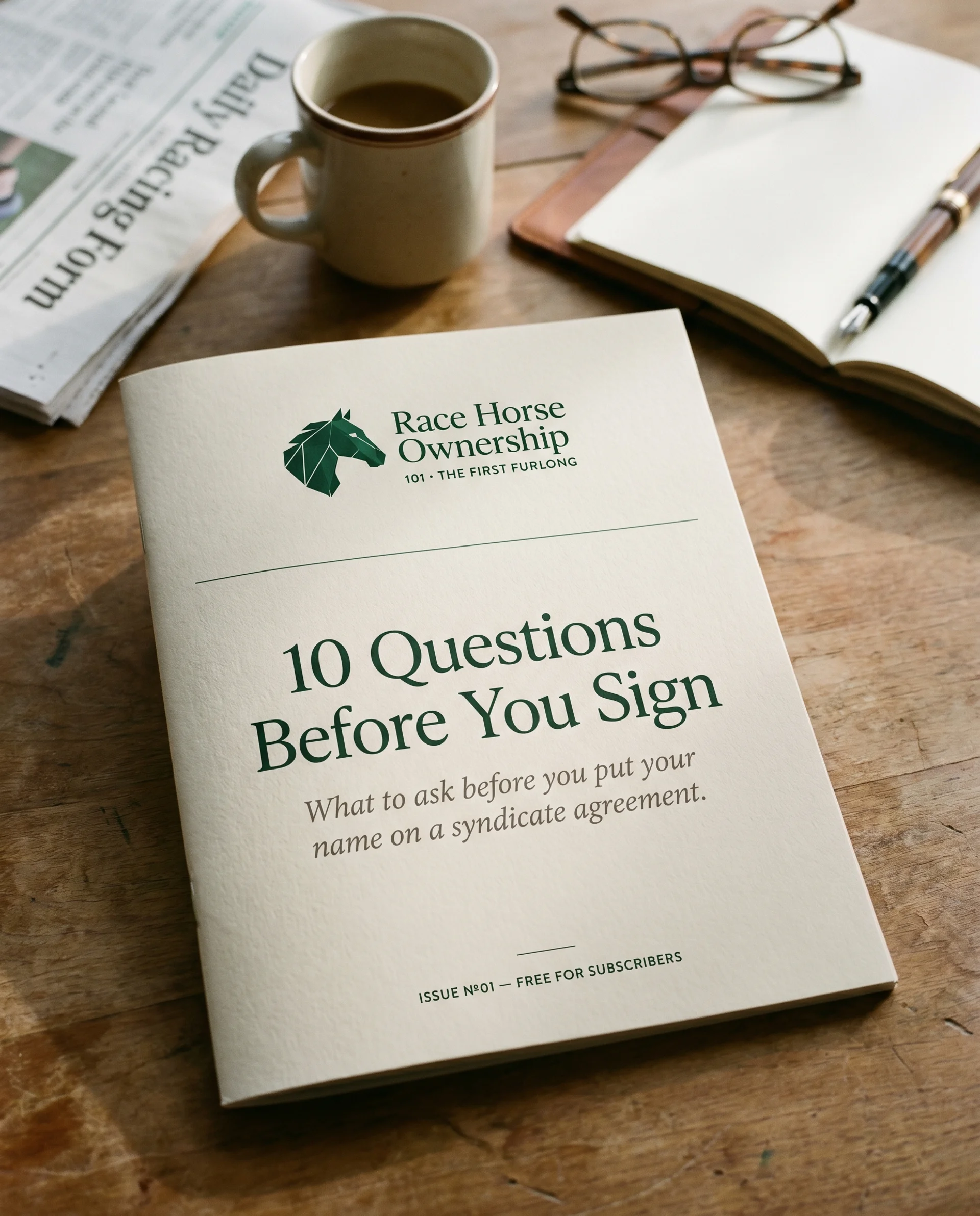 The 10 Questions Before You Sign printed guide on a wooden desk in morning light