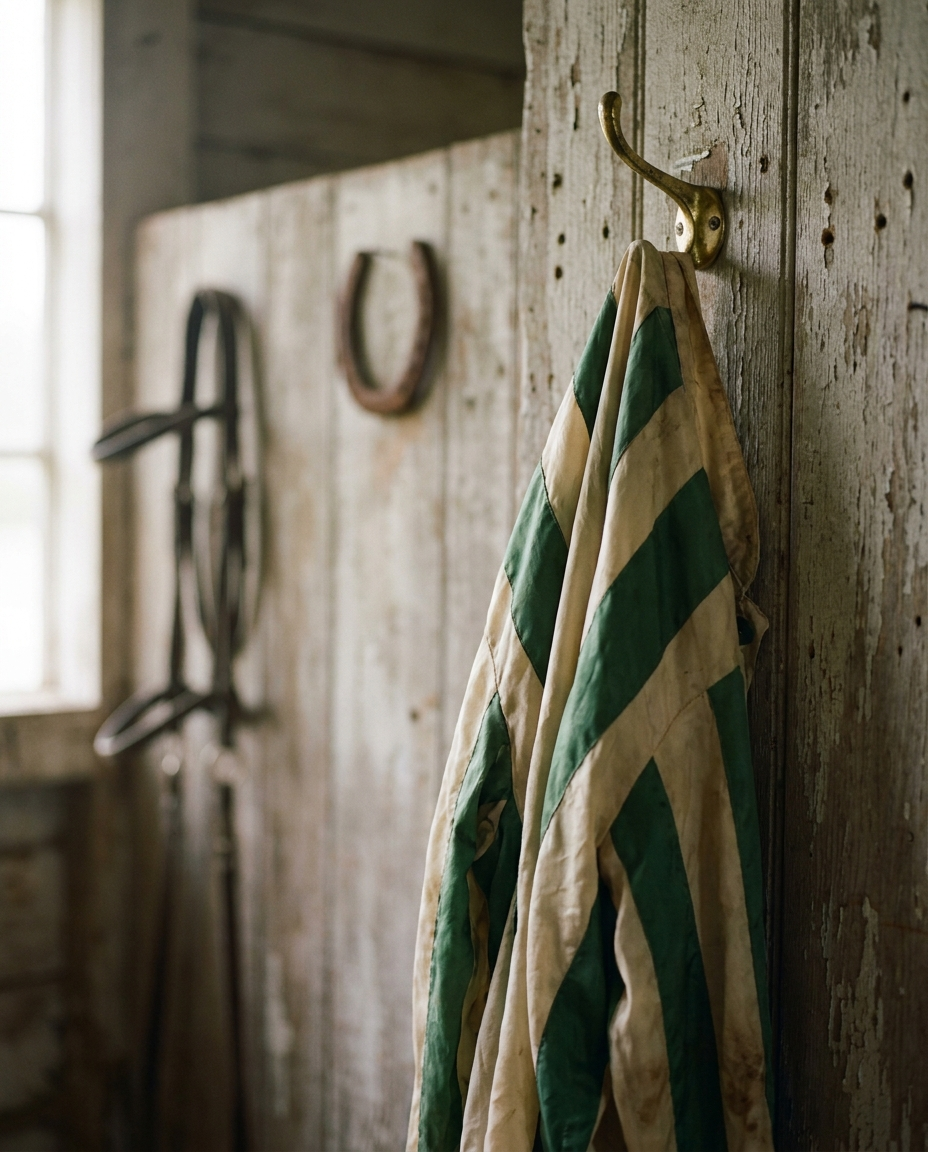 Green-and-cream racing silks hanging on a brass hook in a tack room