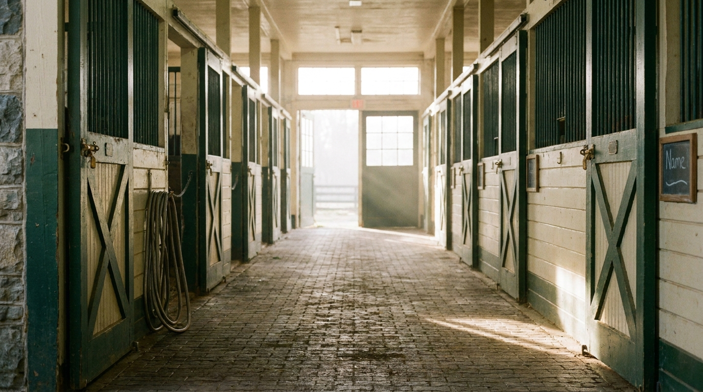 An empty horse barn aisle in early morning, with light spilling through a far doorway