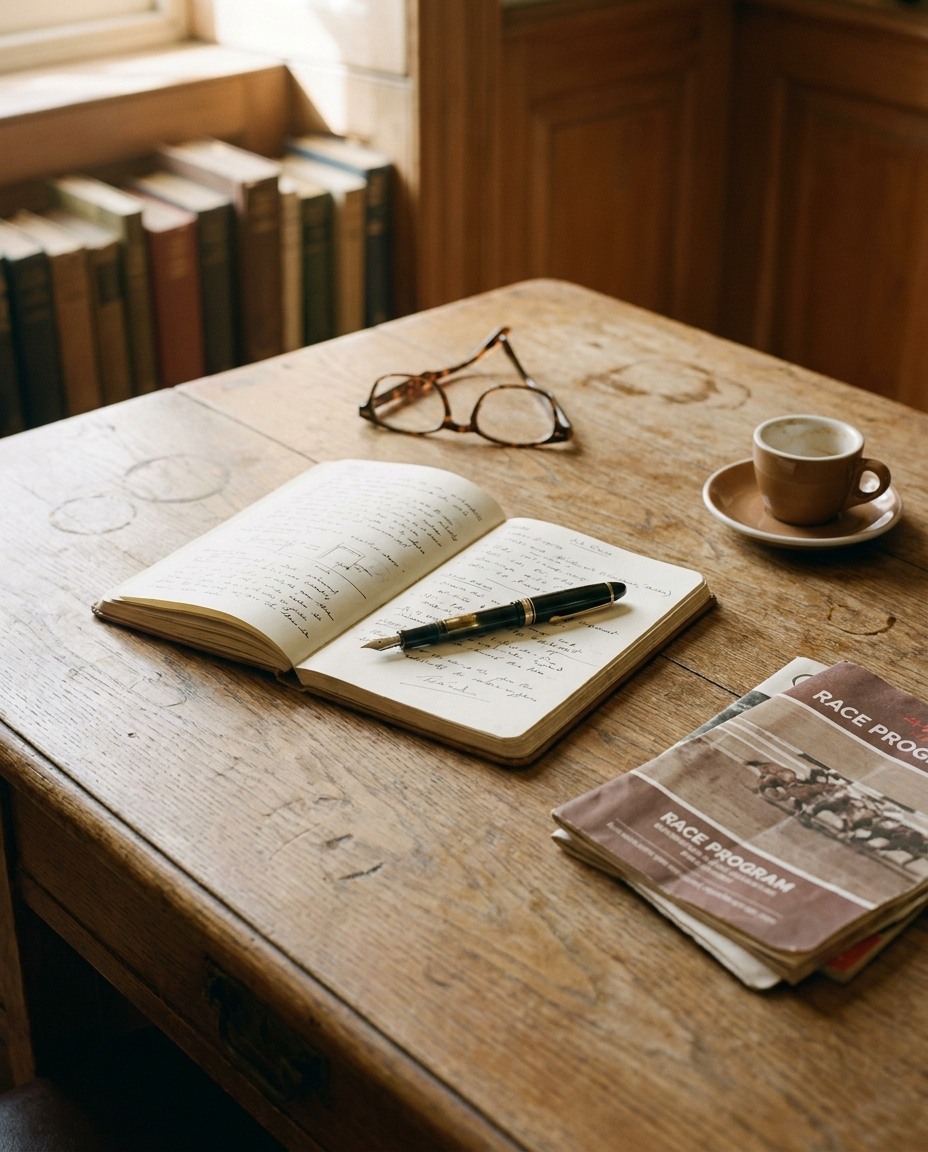 A writer's desk in natural light — handwritten notebook with a fountain pen, reading glasses, an espresso, and a stack of race programs