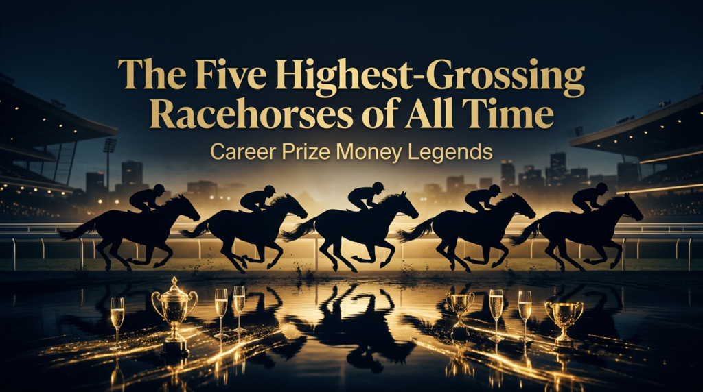 Stylized graphic with headline about top career prize-money thoroughbreds