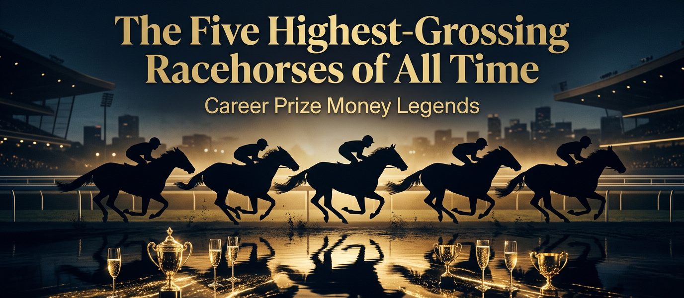 Stylized graphic with headline about top career prize-money thoroughbreds