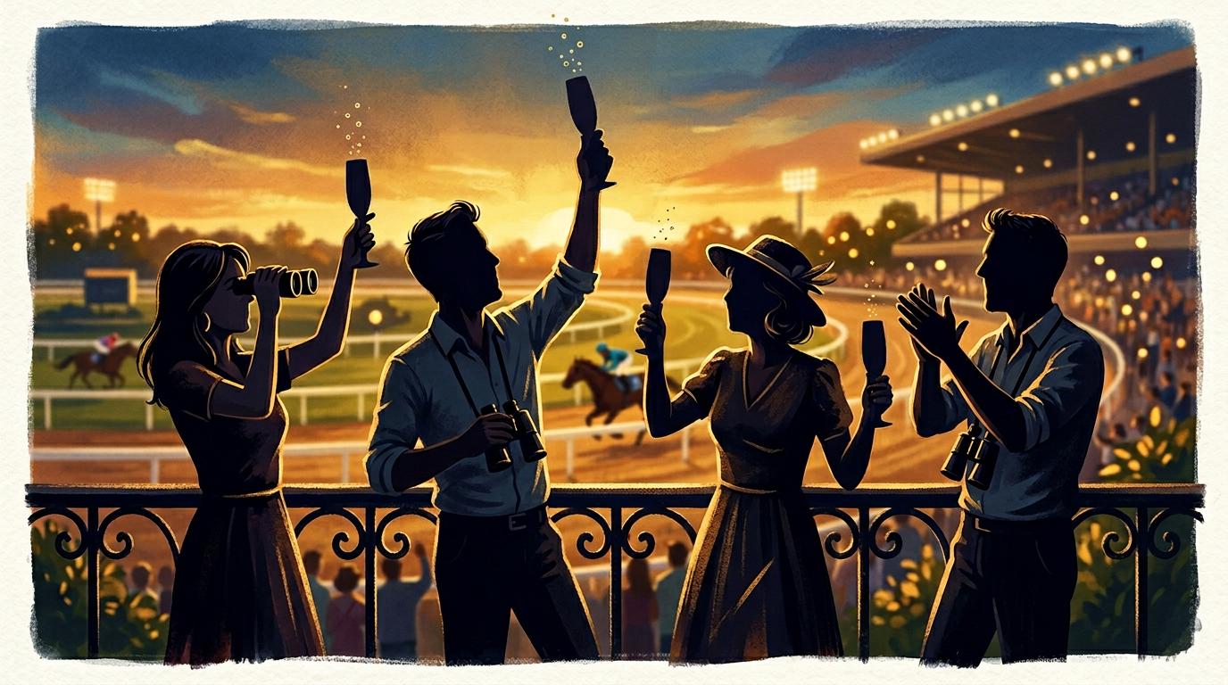 Owners celebrating at the rail, stylized illustration