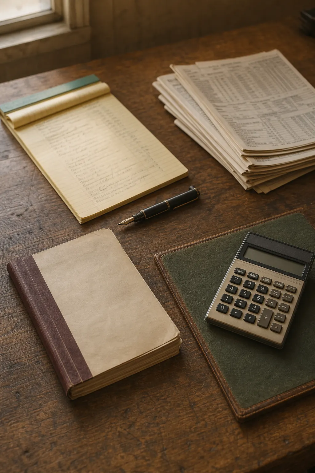 Calculator, legal pad, and racing forms on a worn oak desk — ownership paperwork reality