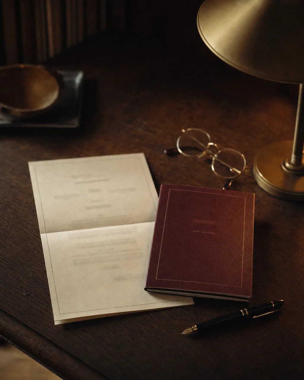 Folded racehorse ownership agreement and a share booklet with reading glasses and fountain pen on a dark oak desk