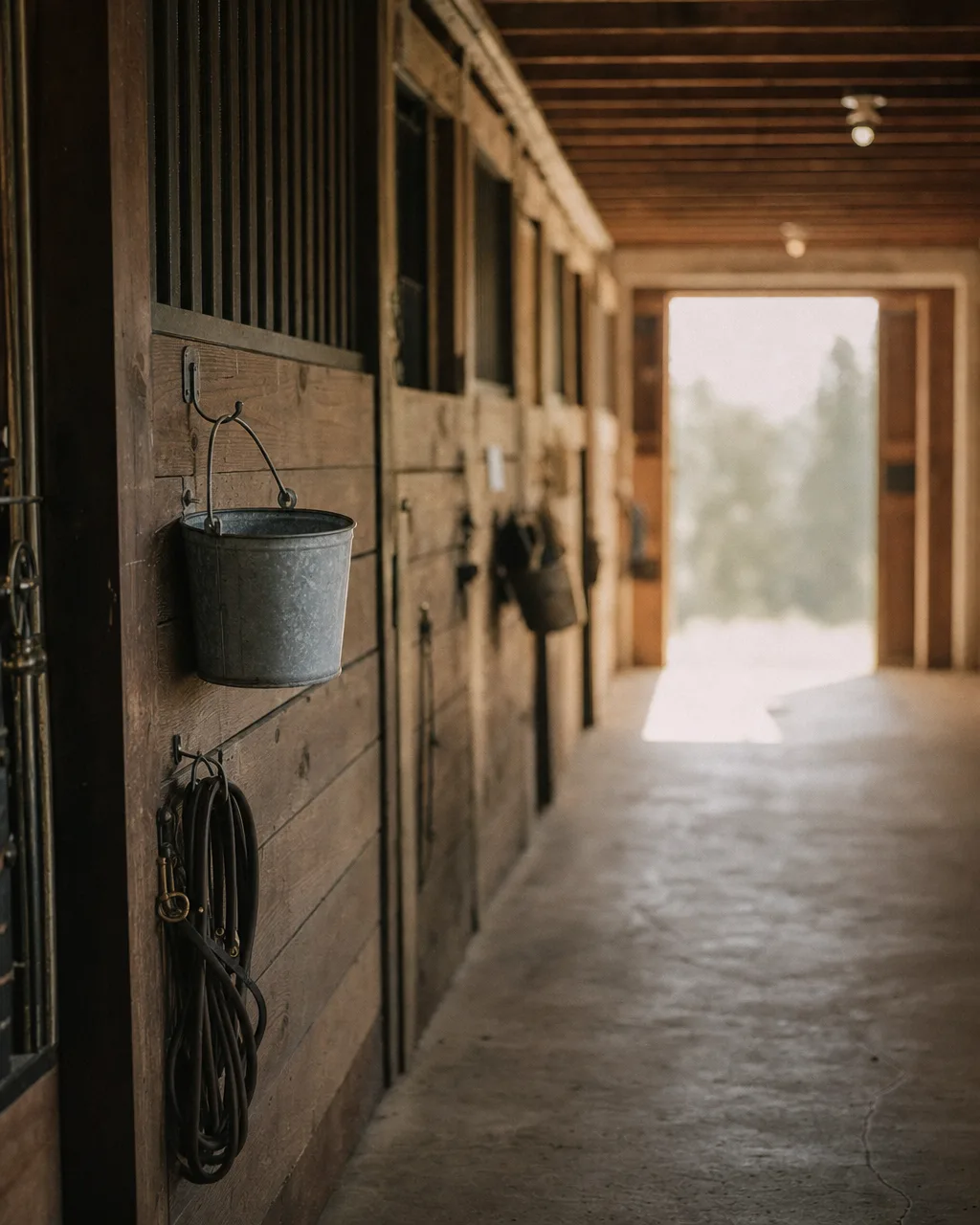 Empty horse barn aisle at dawn with a hanging feed bucket and coiled lead rope, light through a far doorway