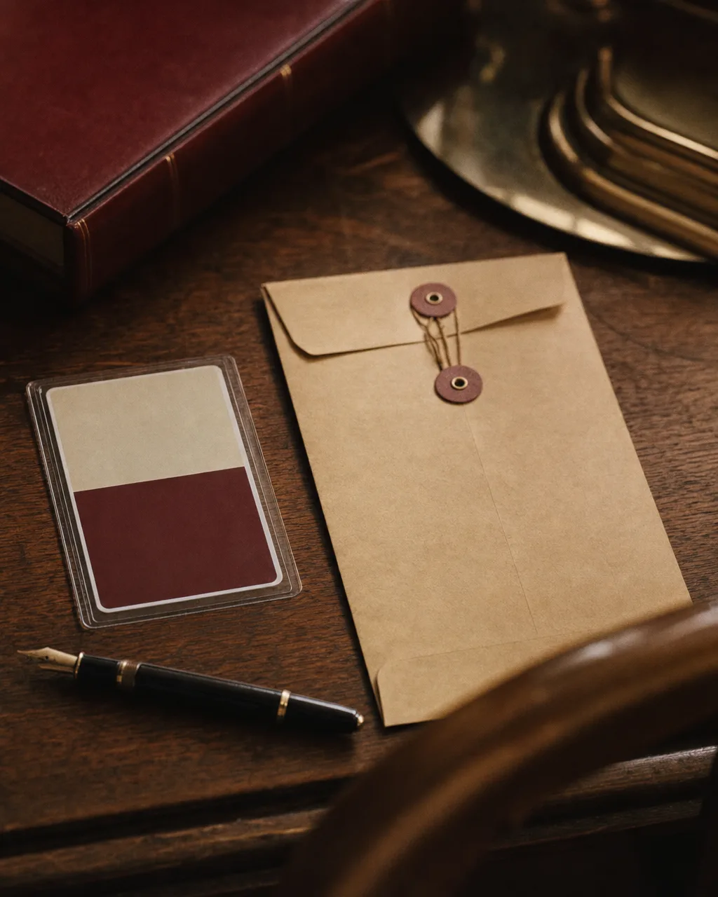 Owner's racing license card and a sealed string-tie claim envelope on a worn oak desk with a fountain pen