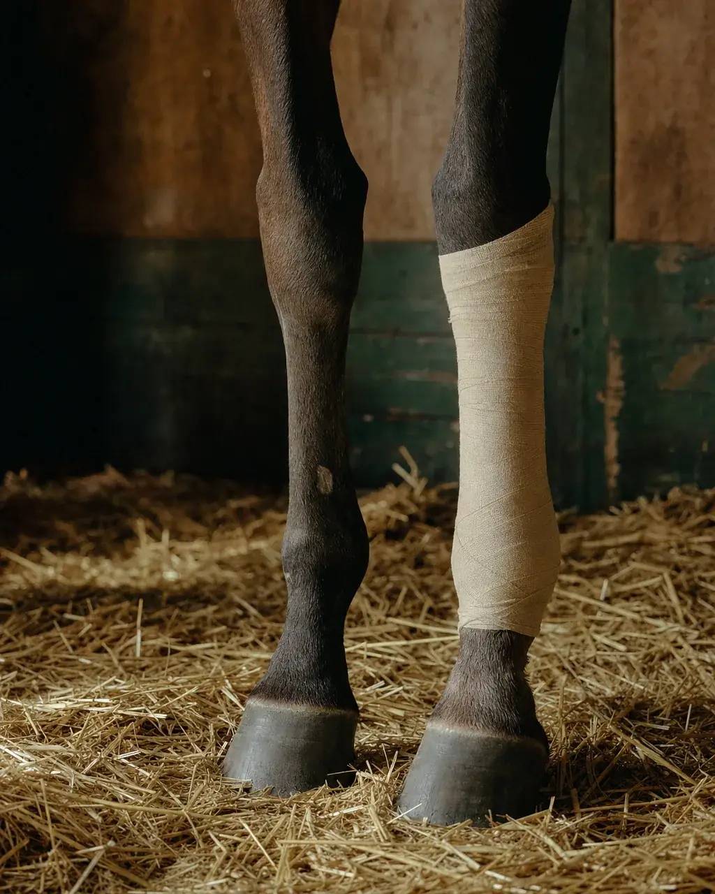 Close view of a thoroughbred's lower legs, one in a stable bandage, on straw in a dim stall