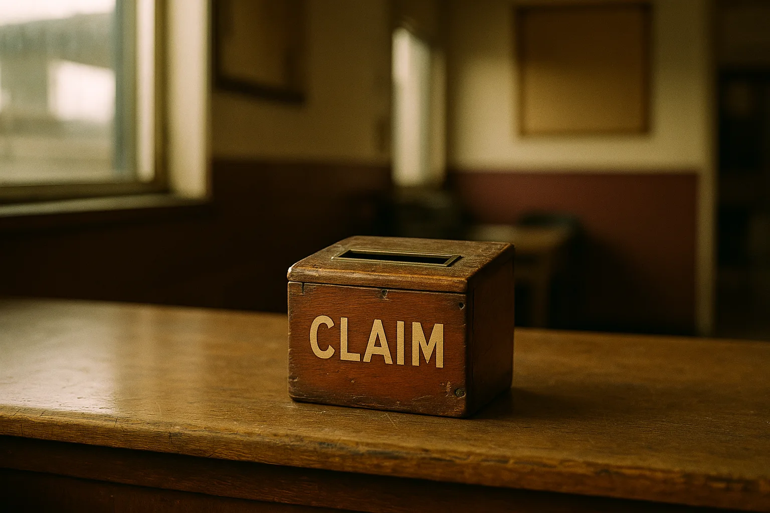 Wooden claim box with a brass-edged slot on a worn oak counter in a racetrack racing office