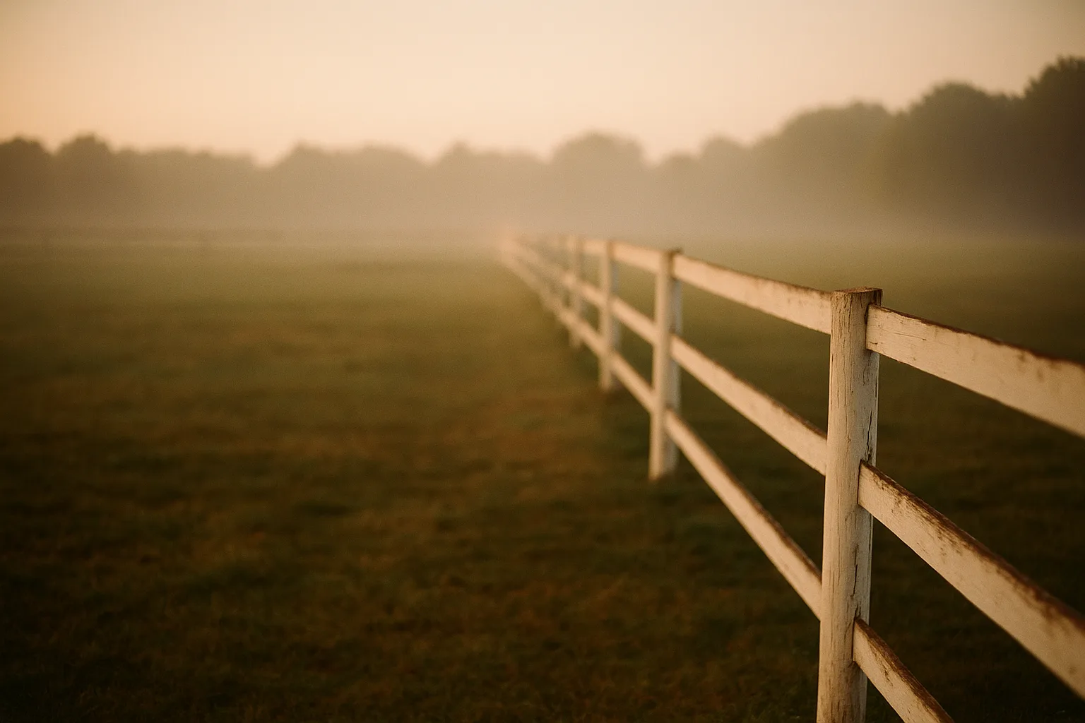 Empty grass turnout paddock with weathered white fence rails fading into mist at dusk