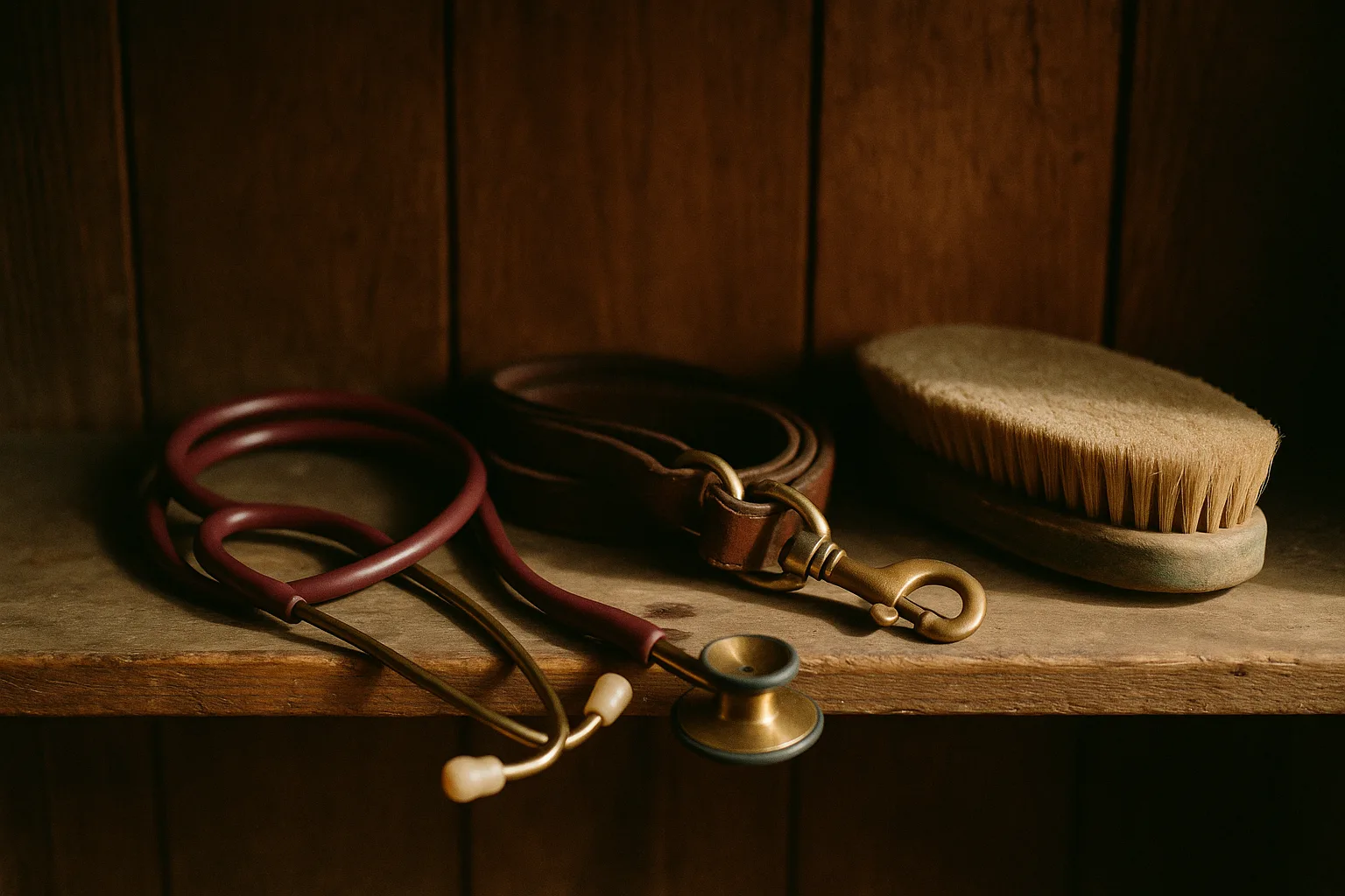 Veterinary stethoscope, folded leather lead shank and body brush on a worn oak tack-room shelf