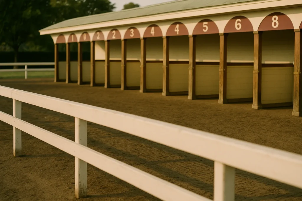 Empty saddling paddock in late-afternoon light with white rails and stalls