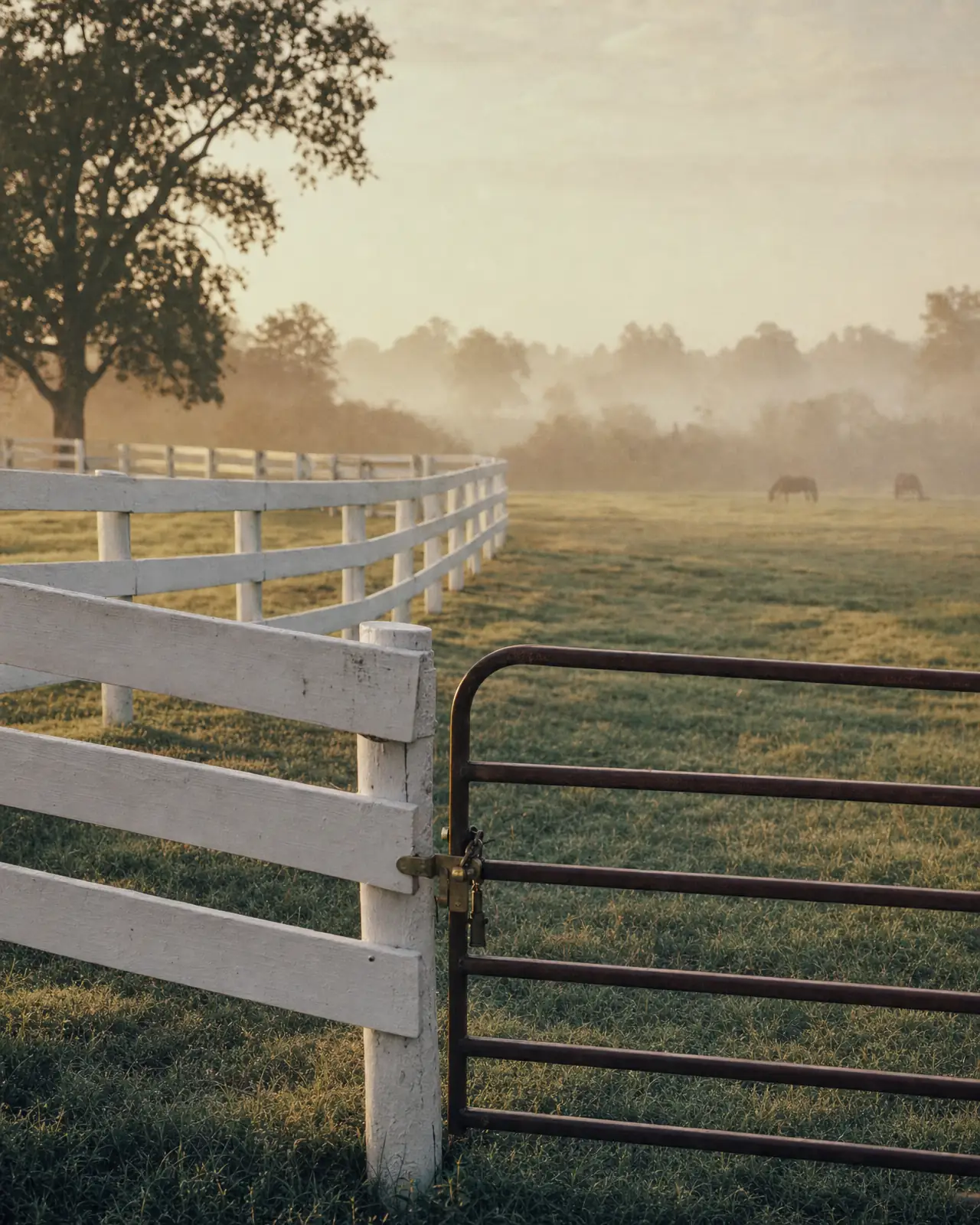 Empty stud farm paddock at dawn with white fencing and distant mares grazing in morning mist