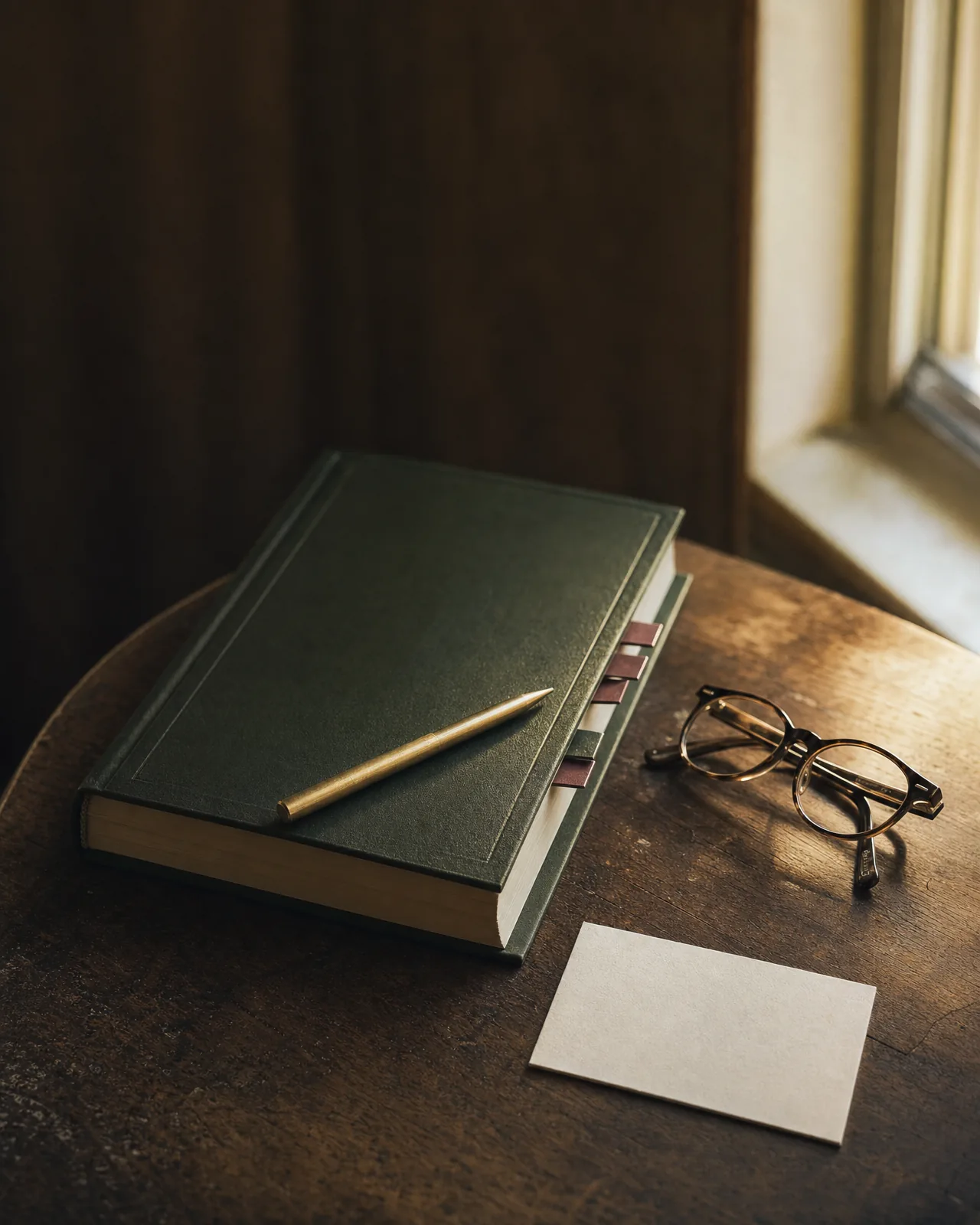 Leather-bound sale catalogue with colored tabs, brass pen and reading glasses on an oak desk