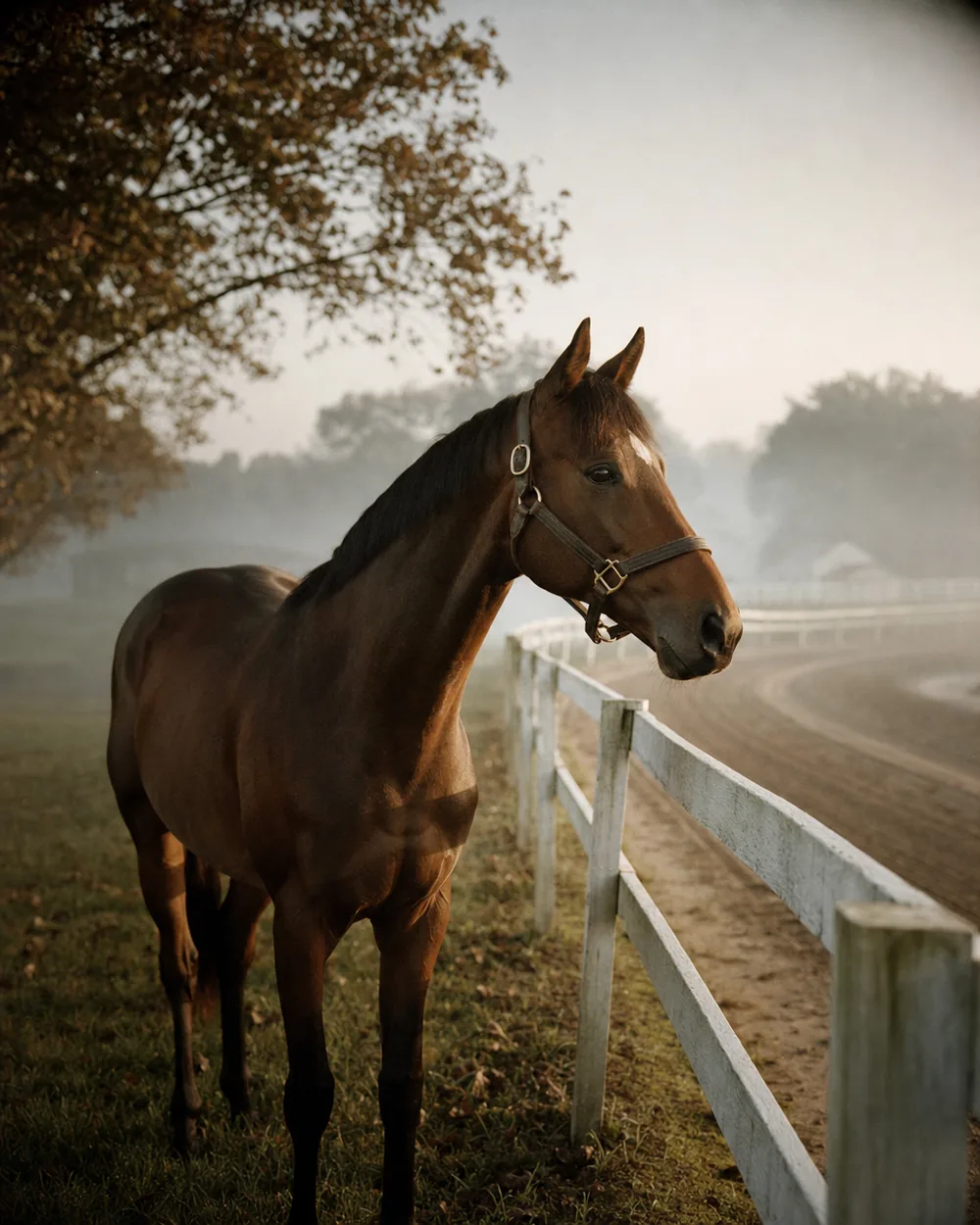 Bay Thoroughbred gelding at a white rail beside a misty training track at dawn