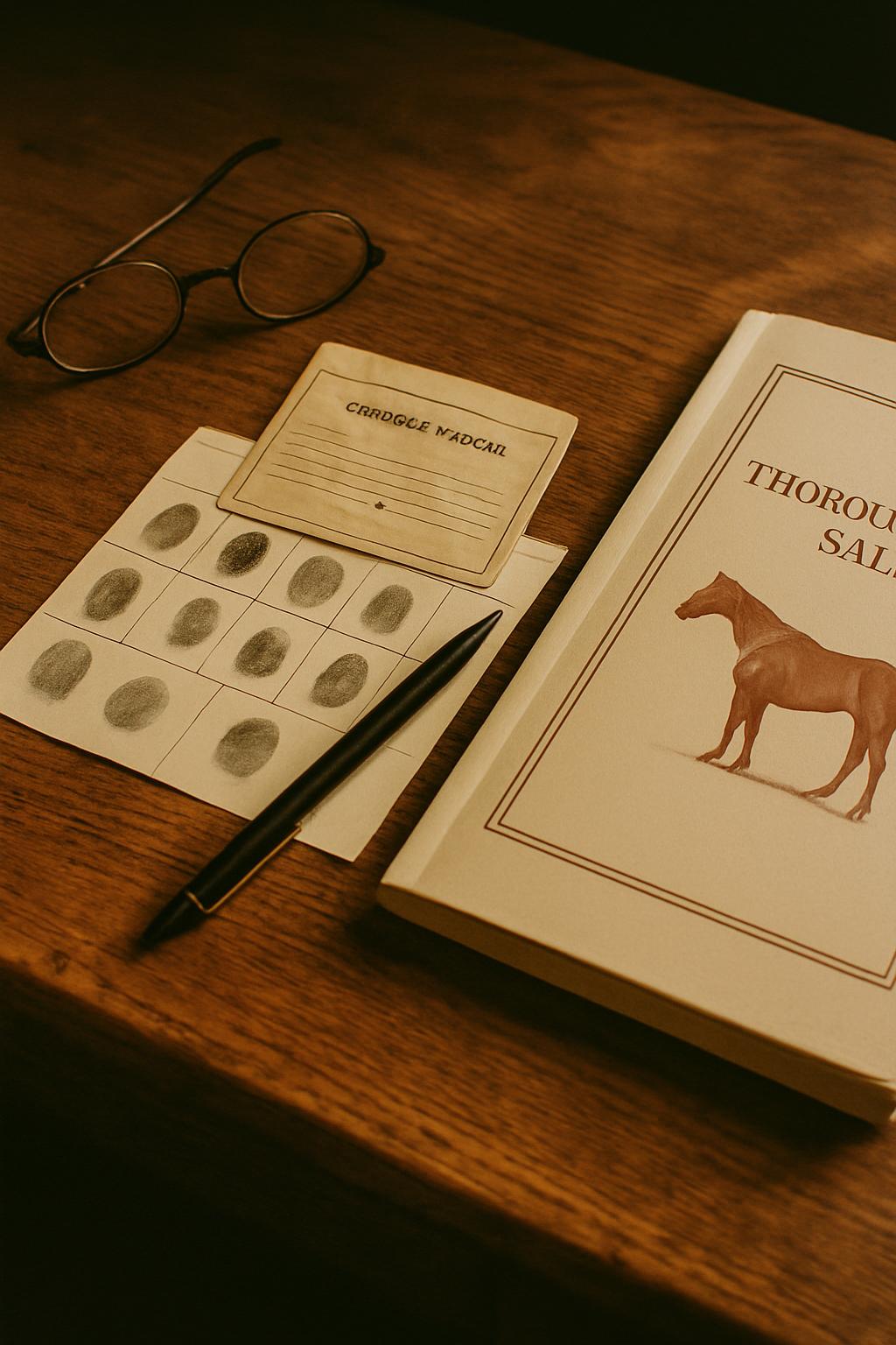 Owner licensing paperwork and a fingerprint card on a worn oak desk