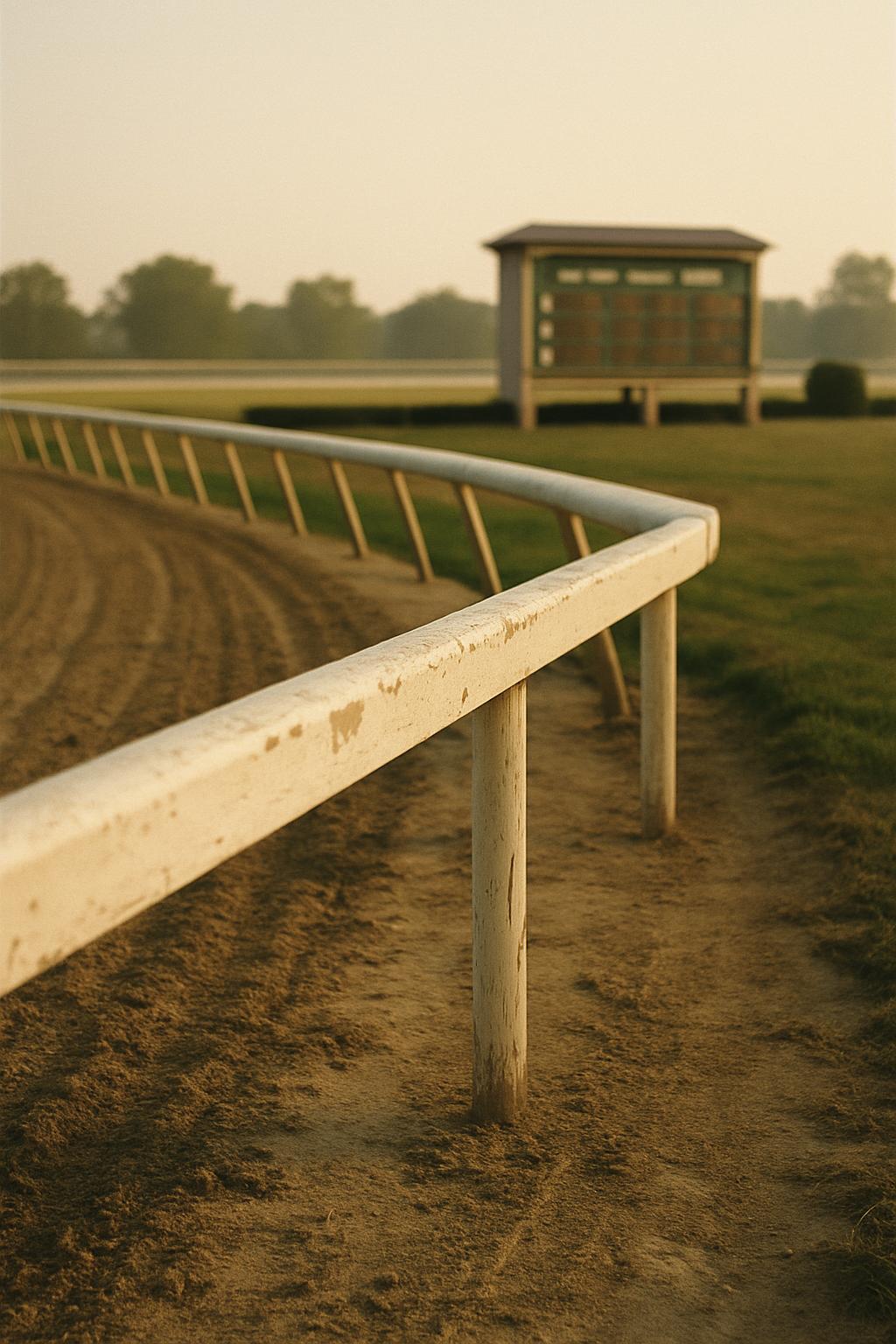 Racetrack rail and distant tote board at a small track in early morning light