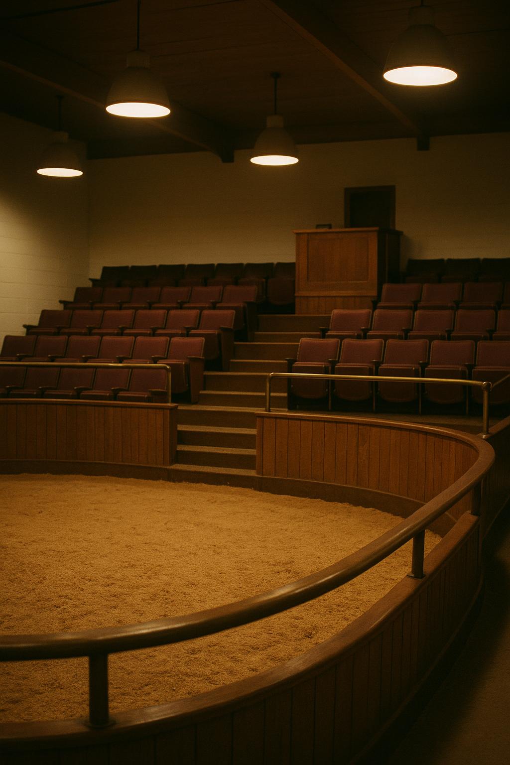 Empty thoroughbred auction pavilion with tiered seating and a sawdust sales ring
