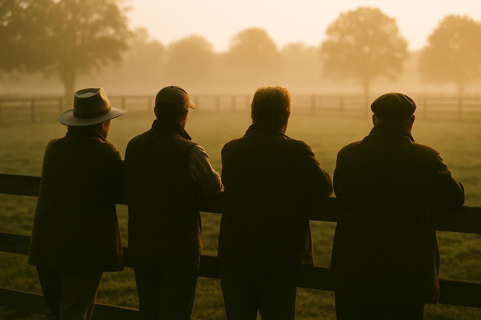 A small group of owners watching from a paddock rail at dawn, seen from behind