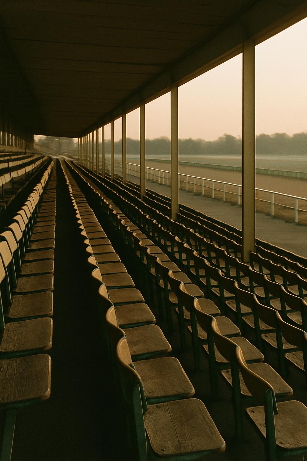 Quiet empty racetrack grandstand at dawn with soft light across rows of seats
