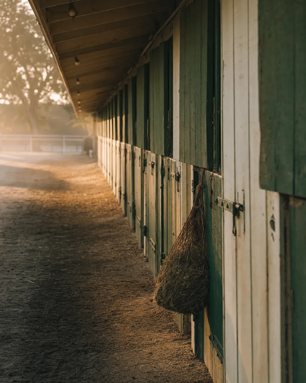 Empty backstretch shed row with green stable doors and a raked dirt aisle at dawn