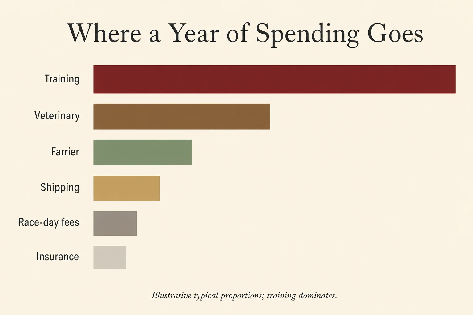 Bar chart showing share of a racehorse annual costs by category, with training the largest