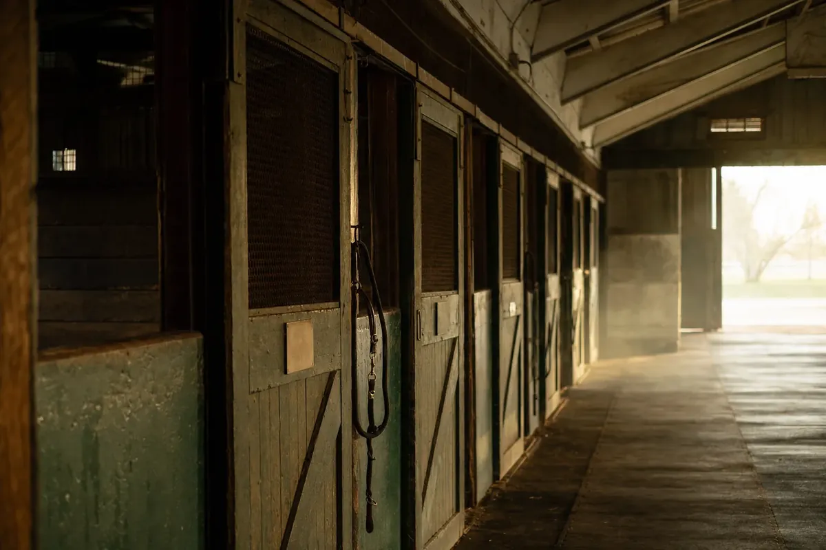 Empty thoroughbred barn aisle at dawn with worn stall doors and light through the doorway