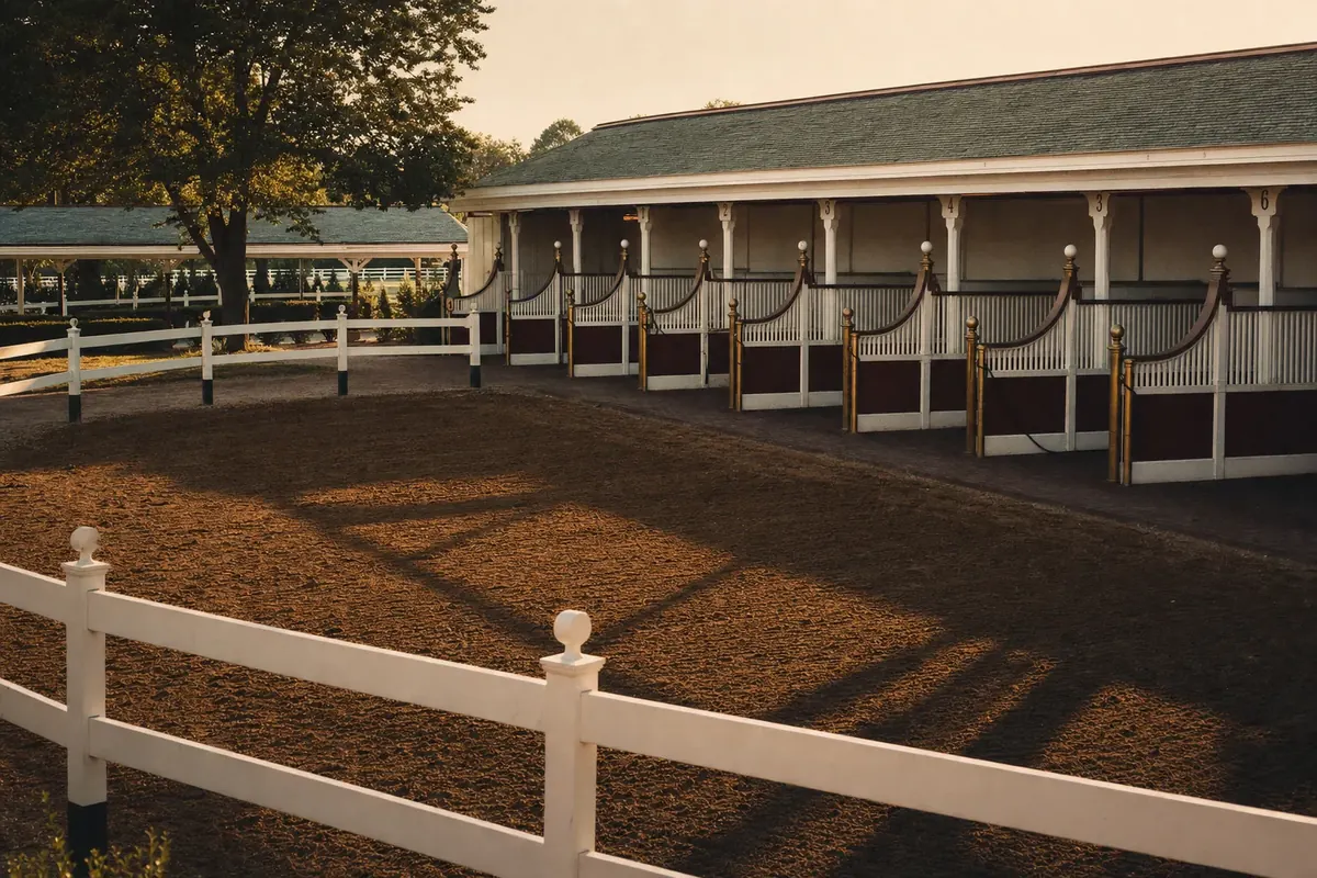 Empty saddling paddock at a racetrack in late afternoon light with white rails and numbered stalls