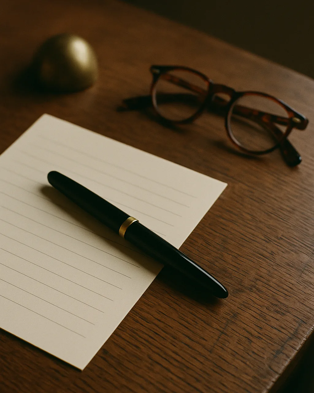 Fountain pen and reading glasses on a blank ruled form on an oak desk where an owner names a racehorse