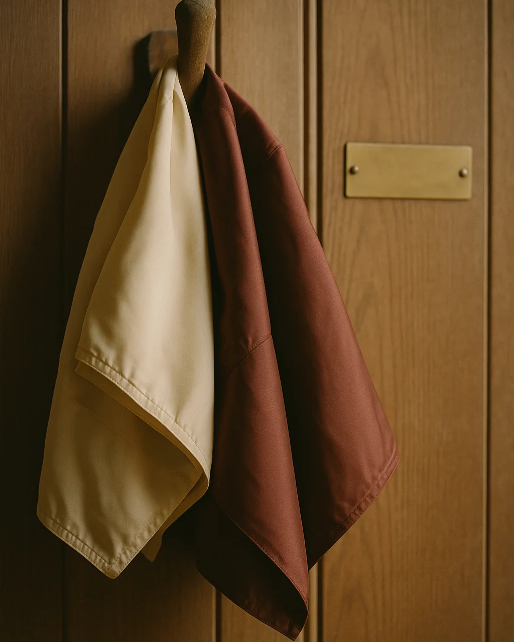 Folded racing silks in cream and oxblood on a wooden hook beside a blank brass nameplate