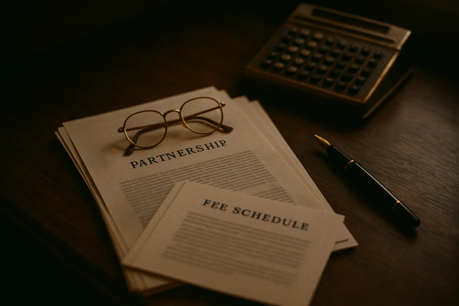 Partnership and fee-schedule documents with a calculator, fountain pen and reading glasses on a dark oak desk.