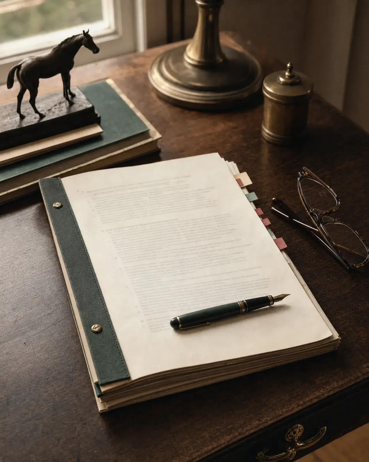 A racehorse partnership agreement on a worn oak desk with a fountain pen and reading glasses