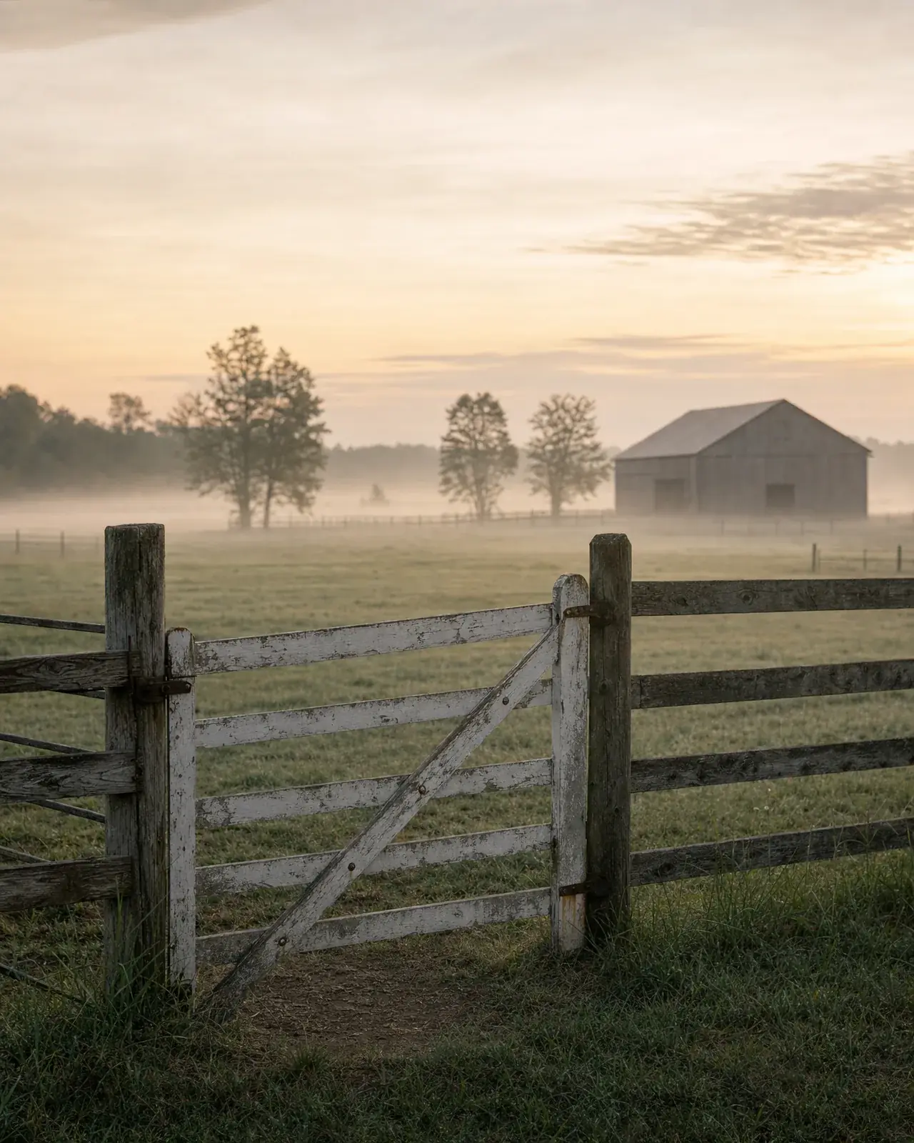 Empty thoroughbred retirement pasture at dawn with a weathered white gate and a distant barn