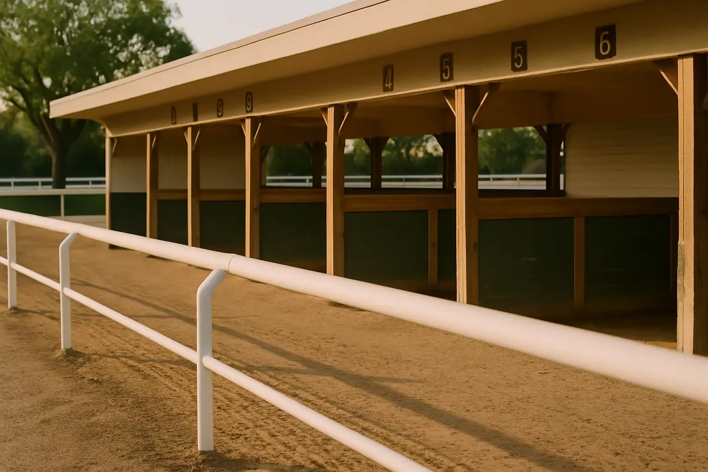 Empty saddling paddock at dusk with white rail and worn numbered stalls in warm late-afternoon light