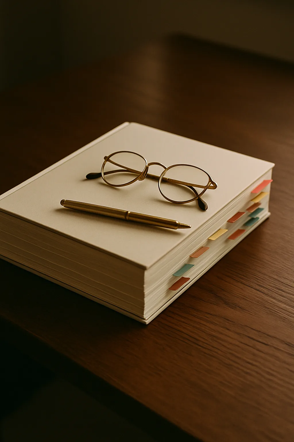 Thick bound offering document with colored page tabs, reading glasses and a brass pen on a dark oak desk