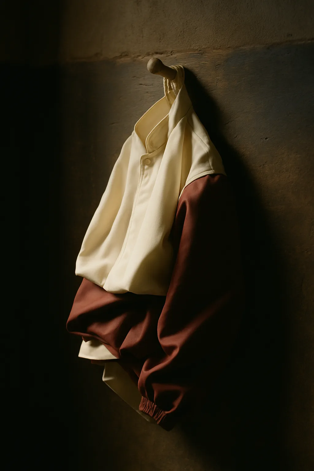 Folded racing silks in cream and oxblood hanging on a worn wooden hook in soft stable light