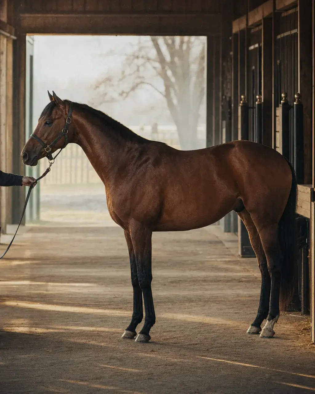 Bay Thoroughbred gelding standing squarely in a barn aisle at dawn for a pre-purchase look