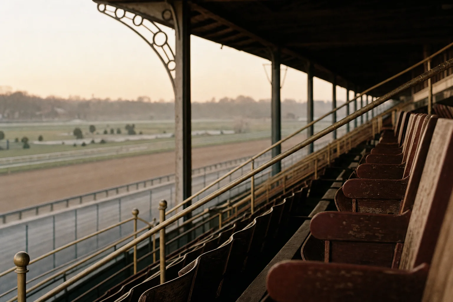 Empty racetrack grandstand at dawn with weathered wooden seats overlooking the quiet track