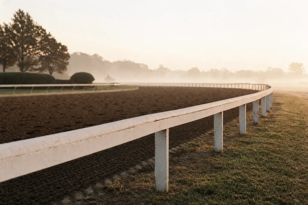 Empty Thoroughbred training track at dawn with white rail and morning mist