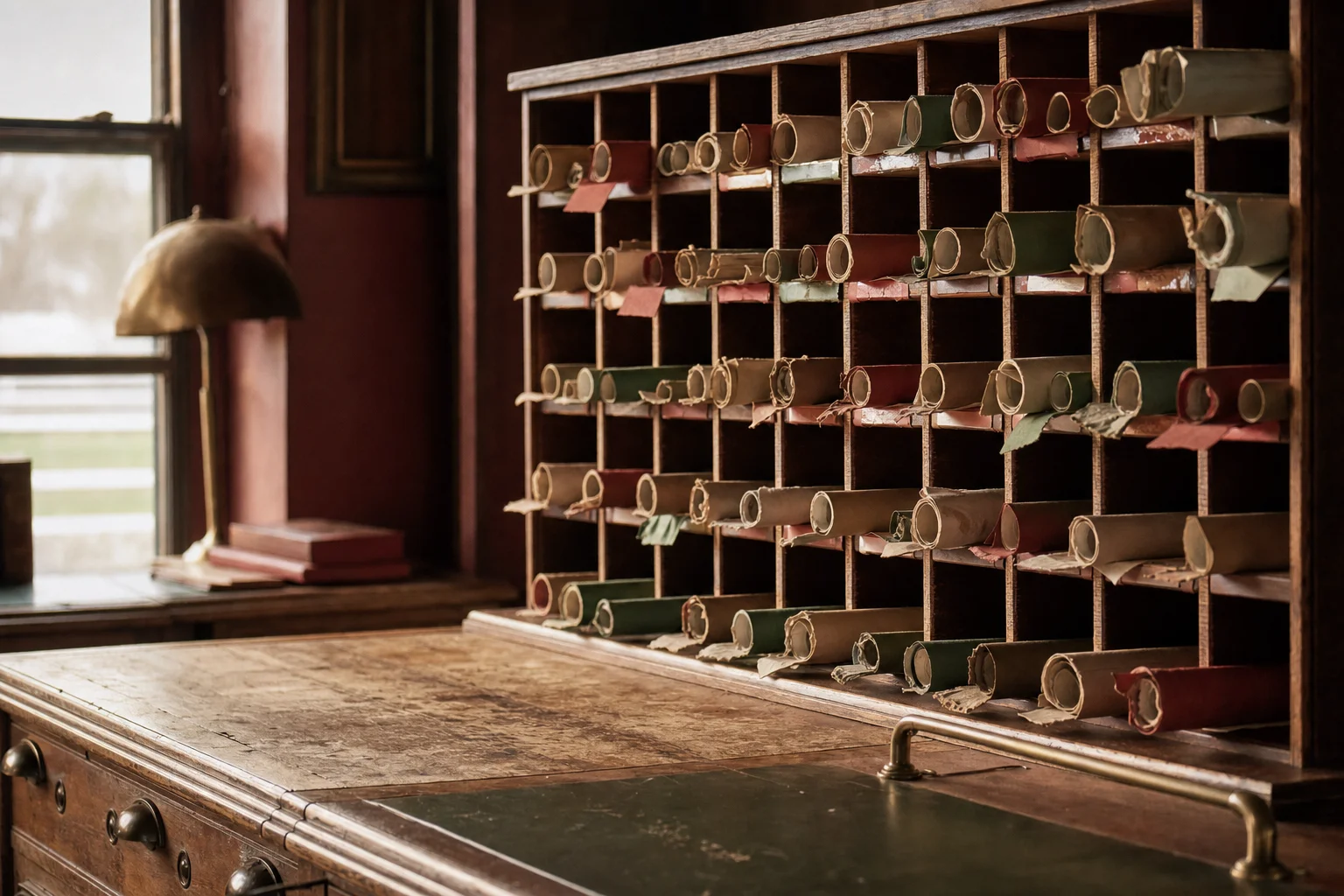 Wooden pigeonhole shelves of rolled condition books with colored tabs in a racetrack racing office