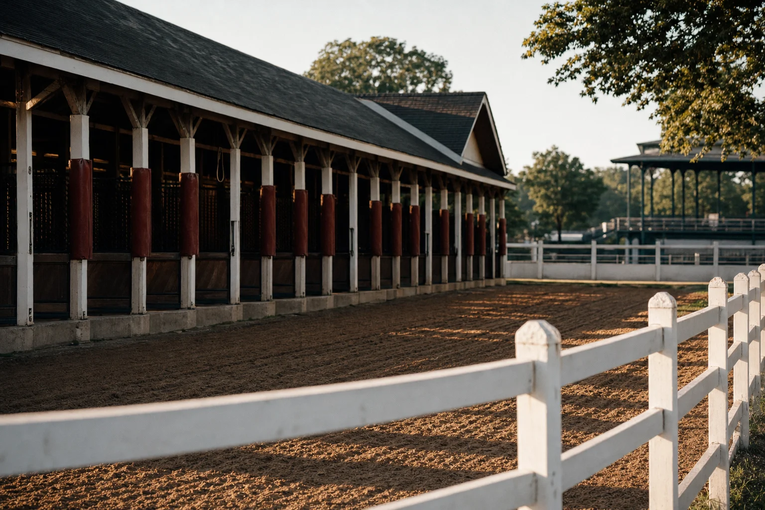 Empty saddling barn and shedrow stalls behind a white rail in late afternoon light