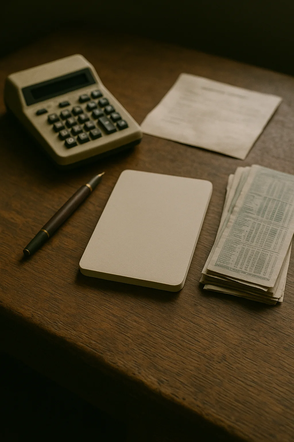 Vintage calculator, blank notepad, fountain pen, account statement and folded racing forms on a worn oak desk