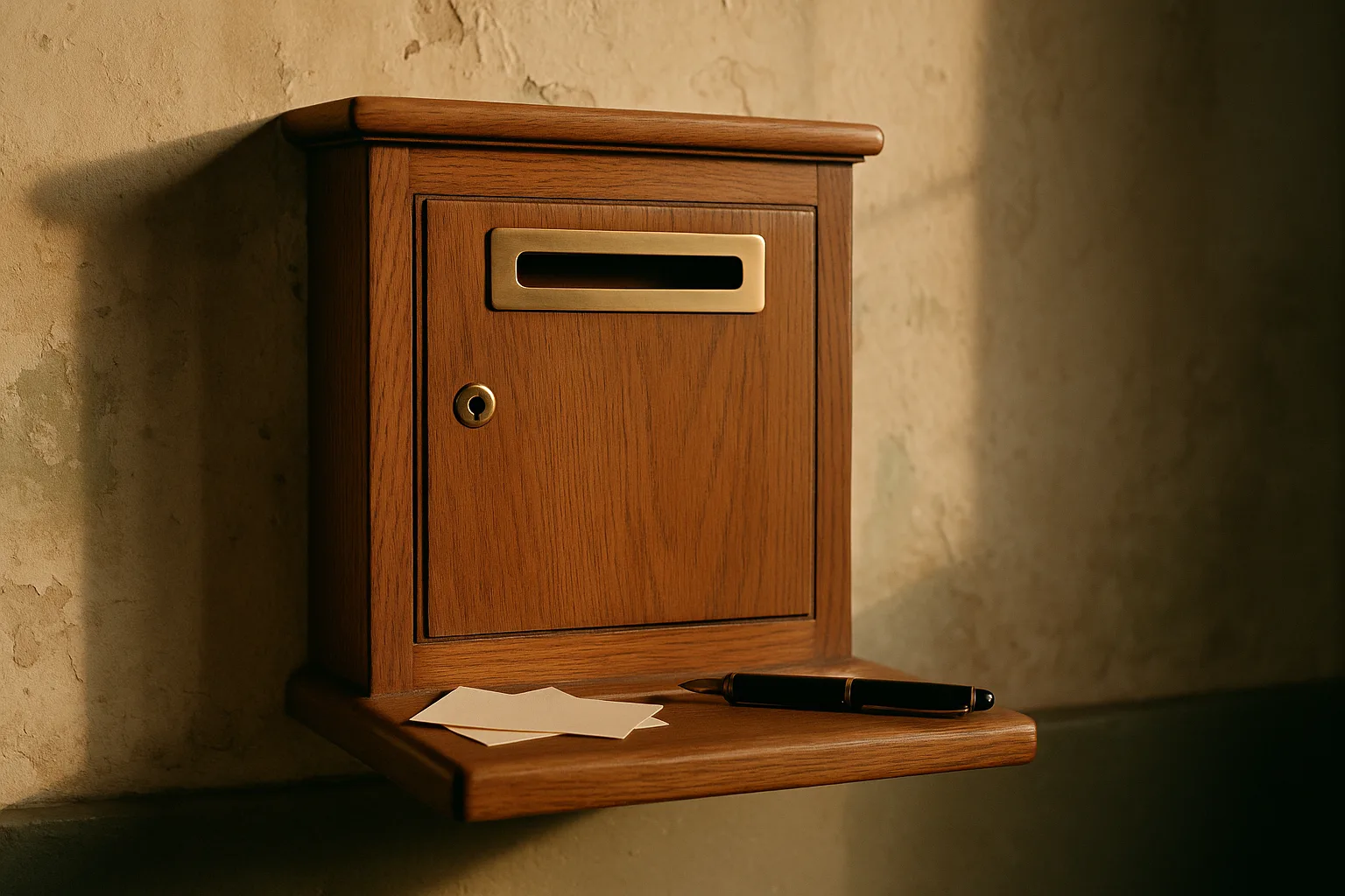 Locked brass claims drop box on a racetrack office wall with blank claim slips