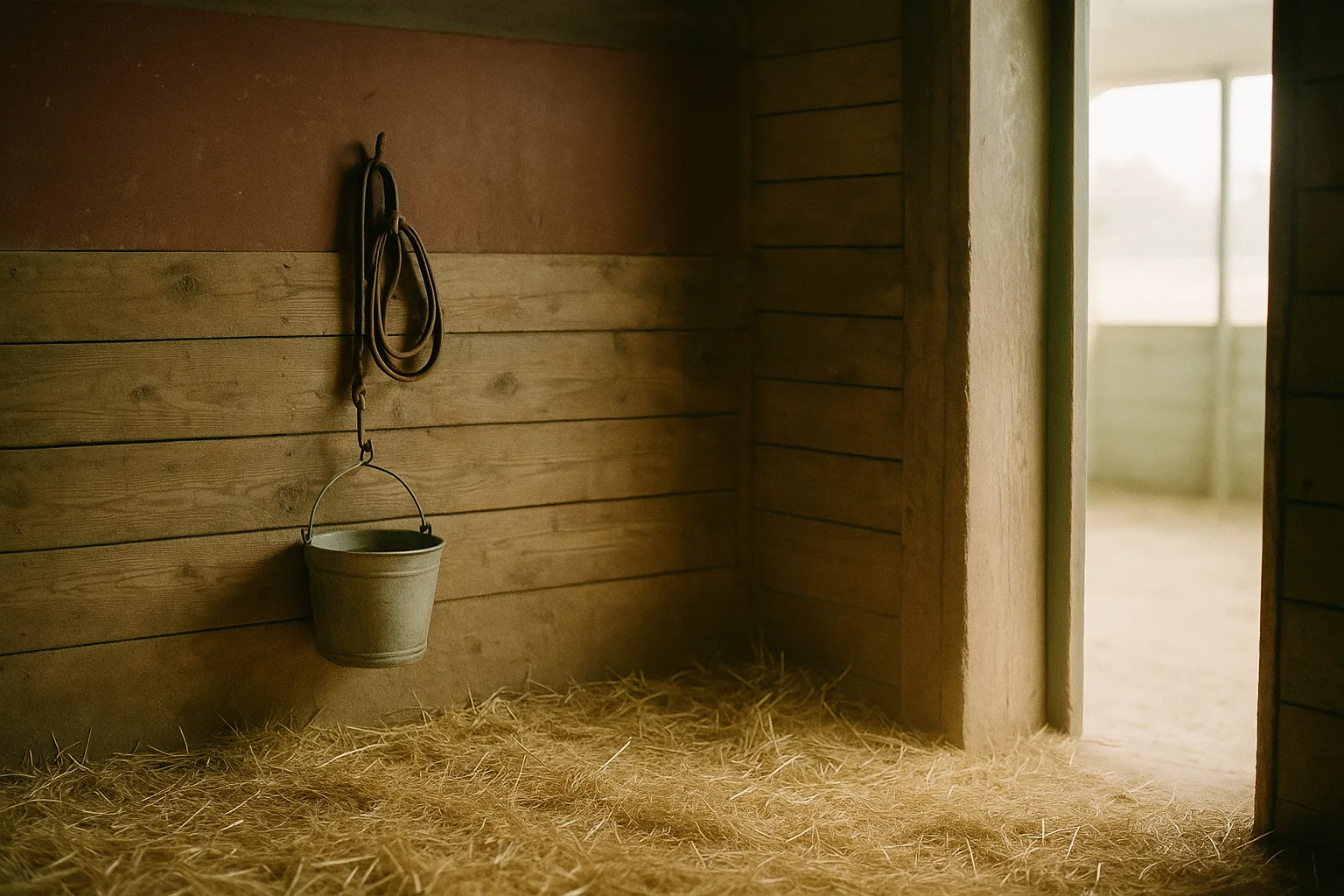 Quiet racetrack test barn stall with water bucket and lead shank in soft morning light