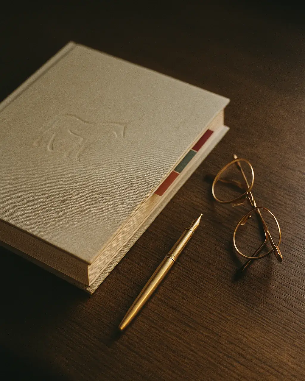 Closed embossed Thoroughbred sale catalogue with fountain pen and reading glasses on dark oak desk