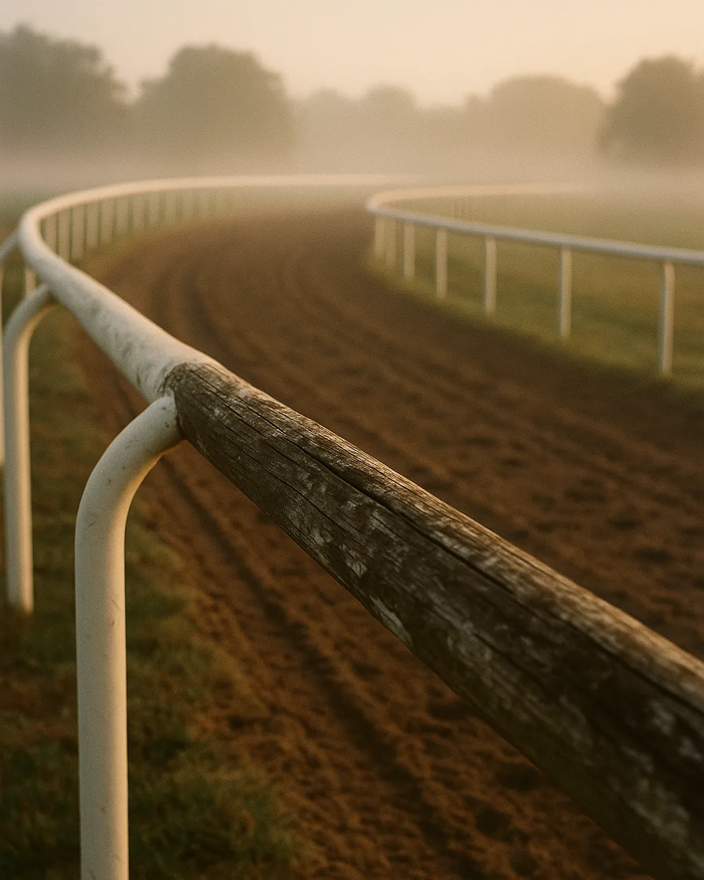 Empty white training rail beside a misty dawn racetrack where geldings race on for years